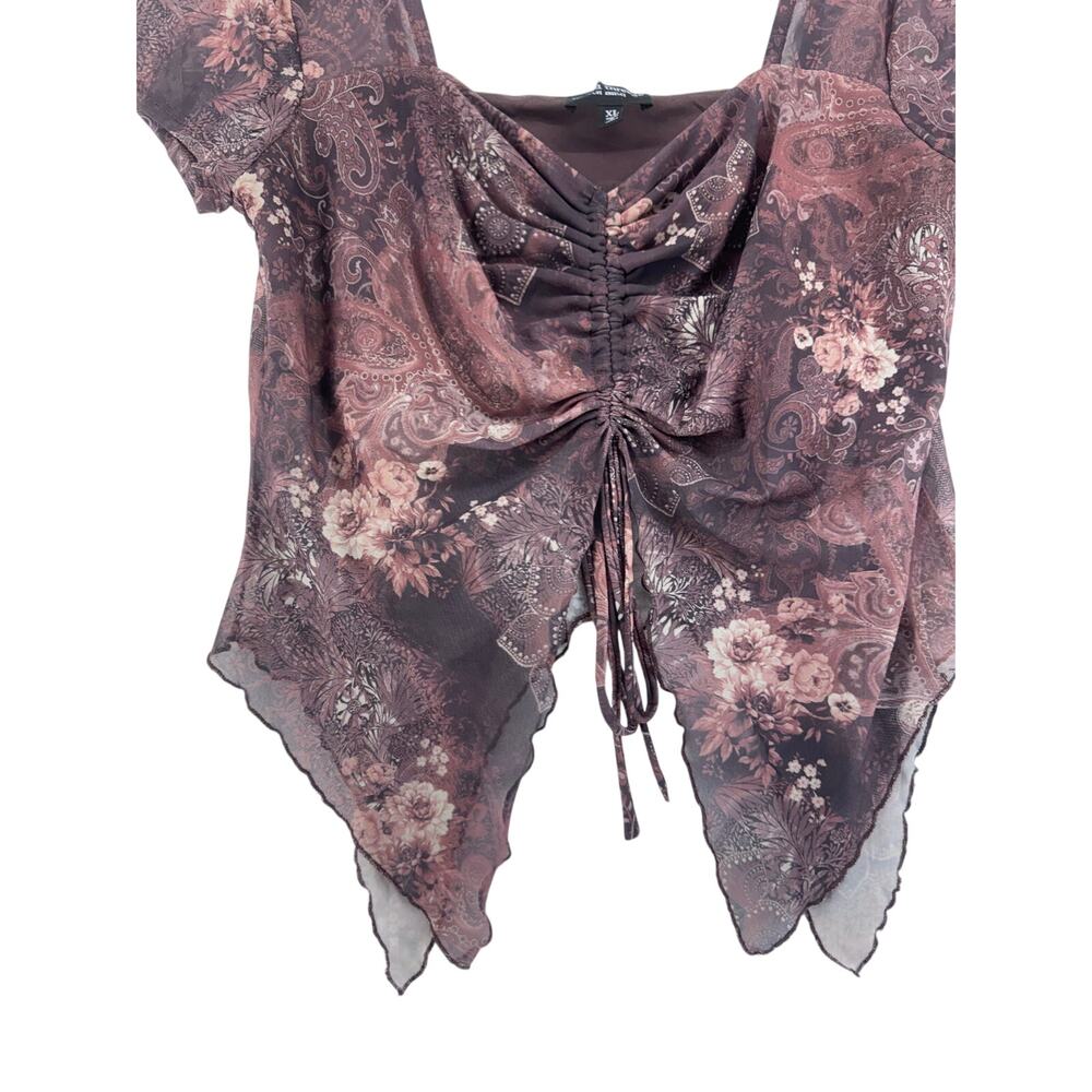 Y2K fairycore Paisley Floral Mesh Handkerchief Top Boho XL Ruched Front - Picture 6 of 7